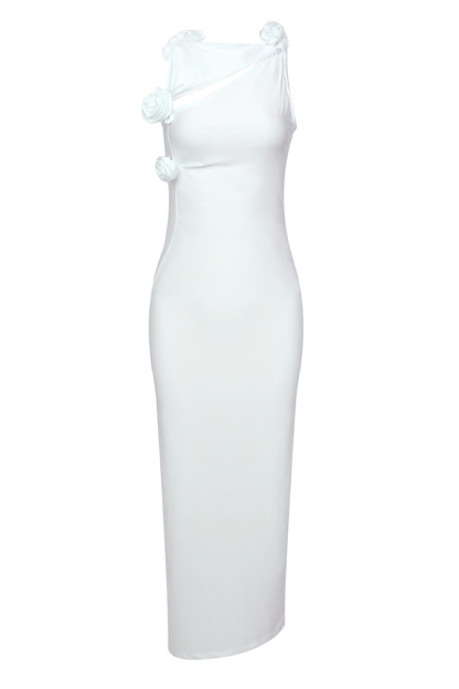 3D Flower Decor Asymmetric Neck Sleeveless Satin Formal Party High Slit Maxi Dresses-Hayhty.All Rights Reserved.