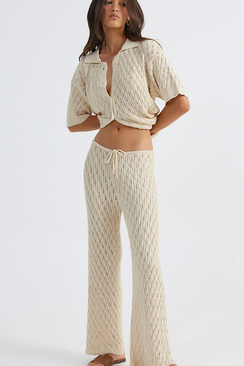 Hollow Out Knit Half Sleeve Blouse Wide Leg Pants Matching Set-Orange-Hayhty.All Rights Reserved.