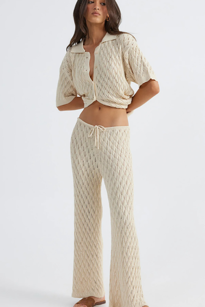 Hollow Out Knit Half Sleeve Blouse Wide Leg Pants Matching Set-Orange-Hayhty.All Rights Reserved.