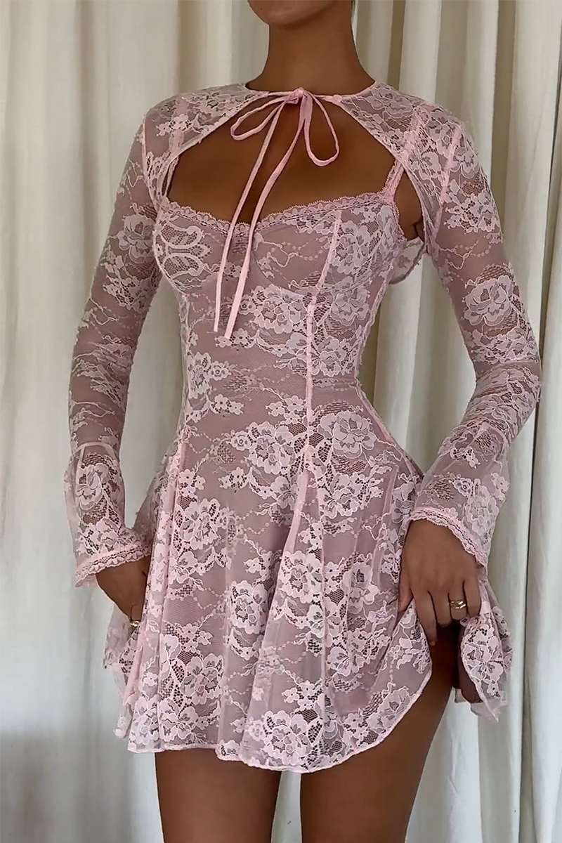 Tie Up Long Sleeve Shrug Lace Slip Mini Dresses Matching Set-Pink-Hayhty.All Rights Reserved.
