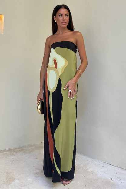 Floral Print Boat Neck Maxi Tube Dresses-Green-Hayhty.All Rights Reserved.