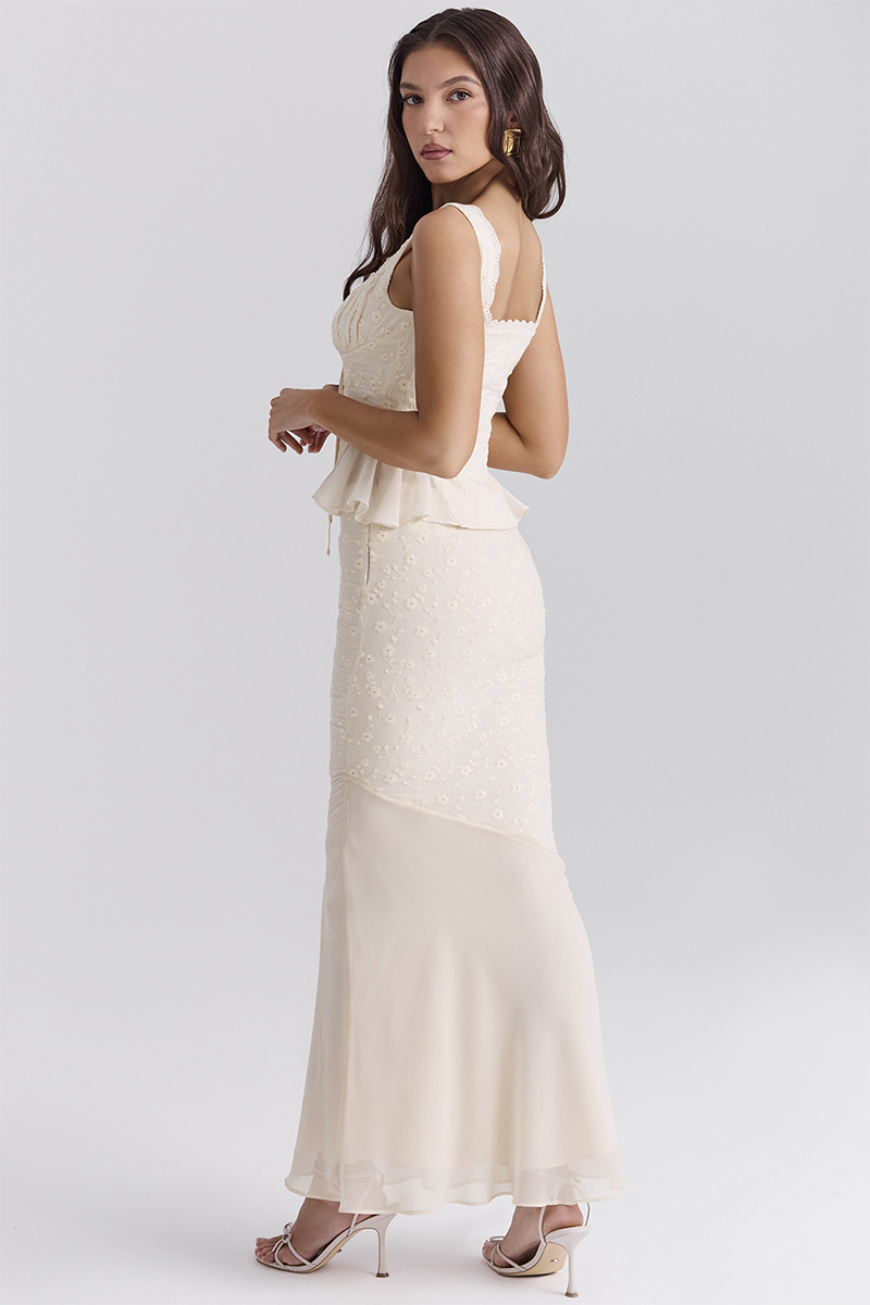 Floral Embroidery Ruffled Top Bodycon Maxi Skirt Matching Set-Ivory-Hayhty.All Rights Reserved.