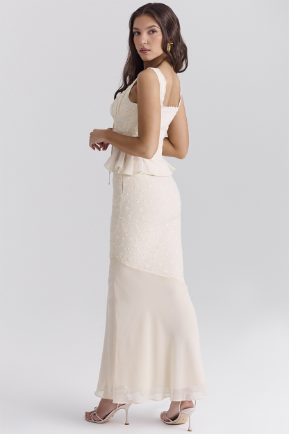 Floral Embroidery Ruffled Top Bodycon Maxi Skirt Matching Set-Ivory-Hayhty.All Rights Reserved.