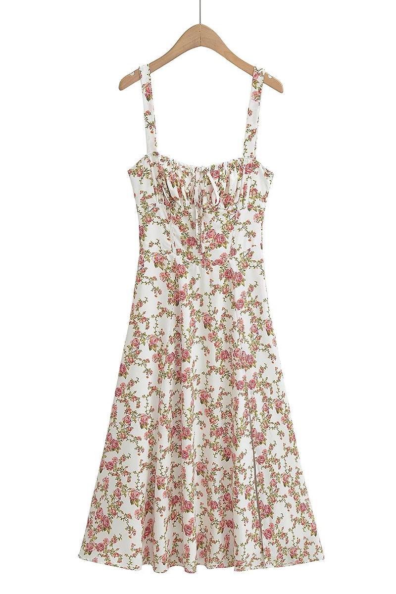 Tied Up Lace Up Floral Print Slit A-Line Vacation Slip Midi Dress-Hayhty.All Rights Reserved.