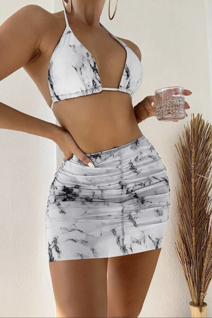 Halter Pattern Print Ruched Mini Skirt Bikini Three Pieces Set-Hayhty.All Rights Reserved.