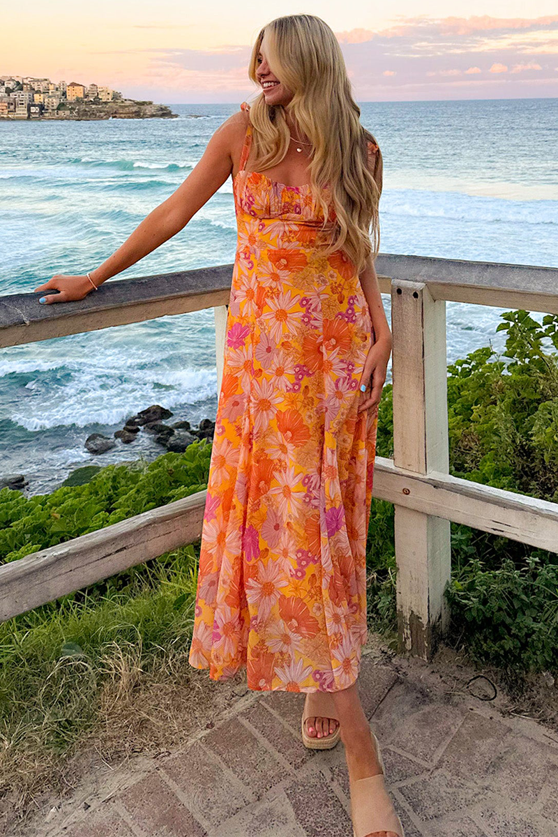 Floral Print Boat Neckline Tie Up Wide Strap A-Line Midi Dresses-Orange-Hayhty.All Rights Reserved.
