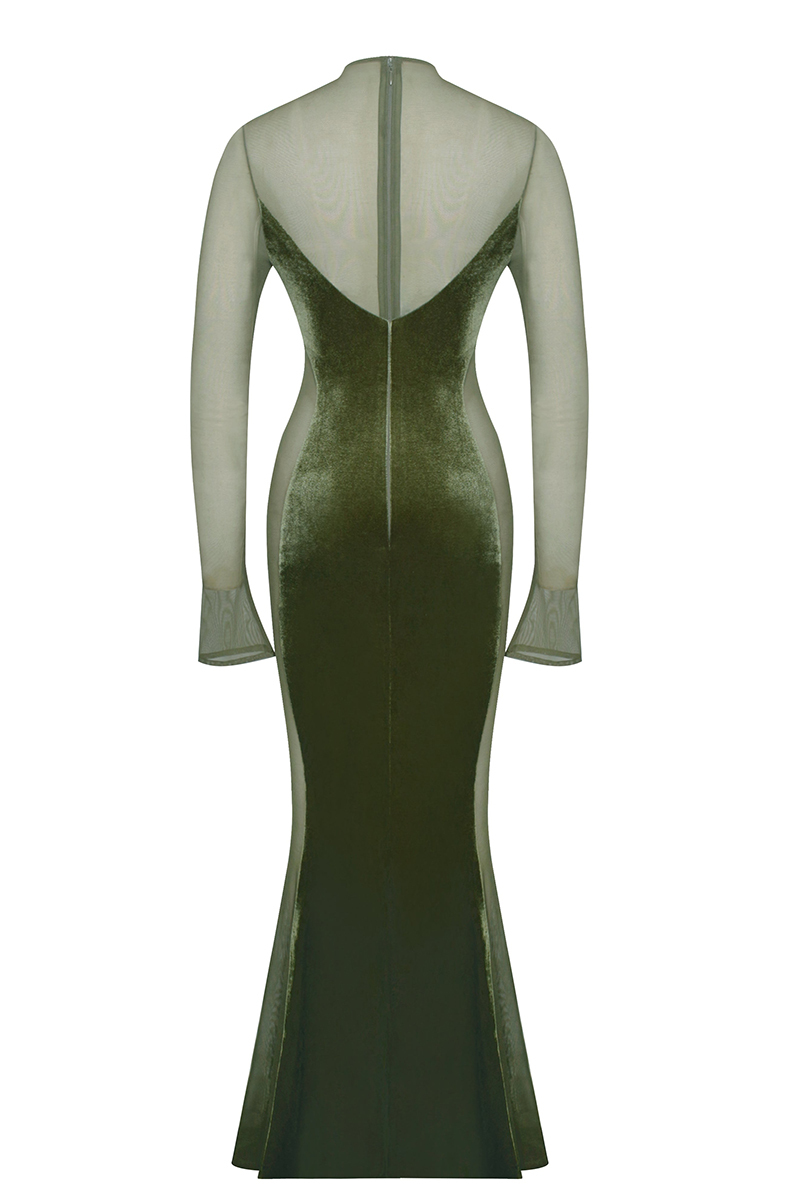 Velvet Mesh Patchwork Long Sleeve Gown Maxi Dresses-Hayhty.All Rights Reserved.