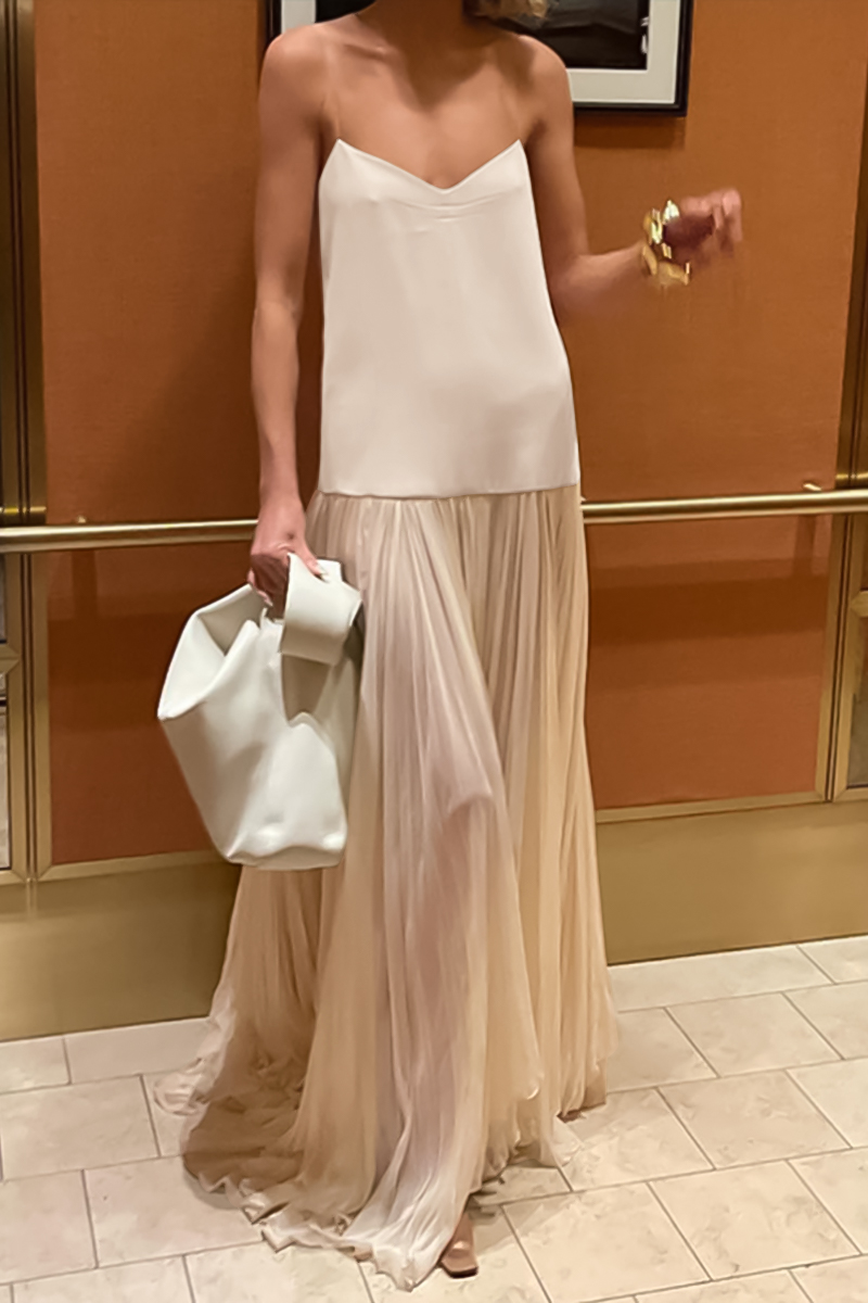 V Neck Colorblock Shirred Maxi Strappy Dresses-Beige-Hayhty.All Rights Reserved.