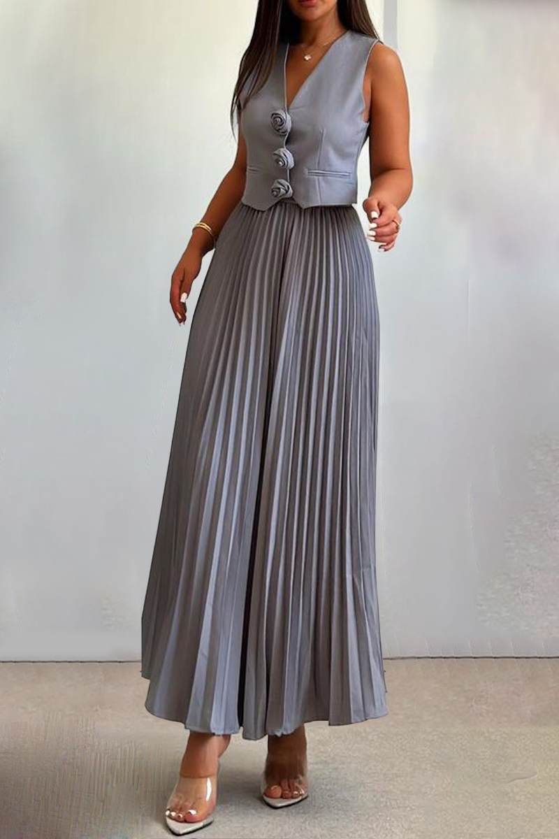 3D Flower Decor V Neck Vest Pleated Maxi Skirt Matching Set-White-Hayhty.All Rights Reserved.