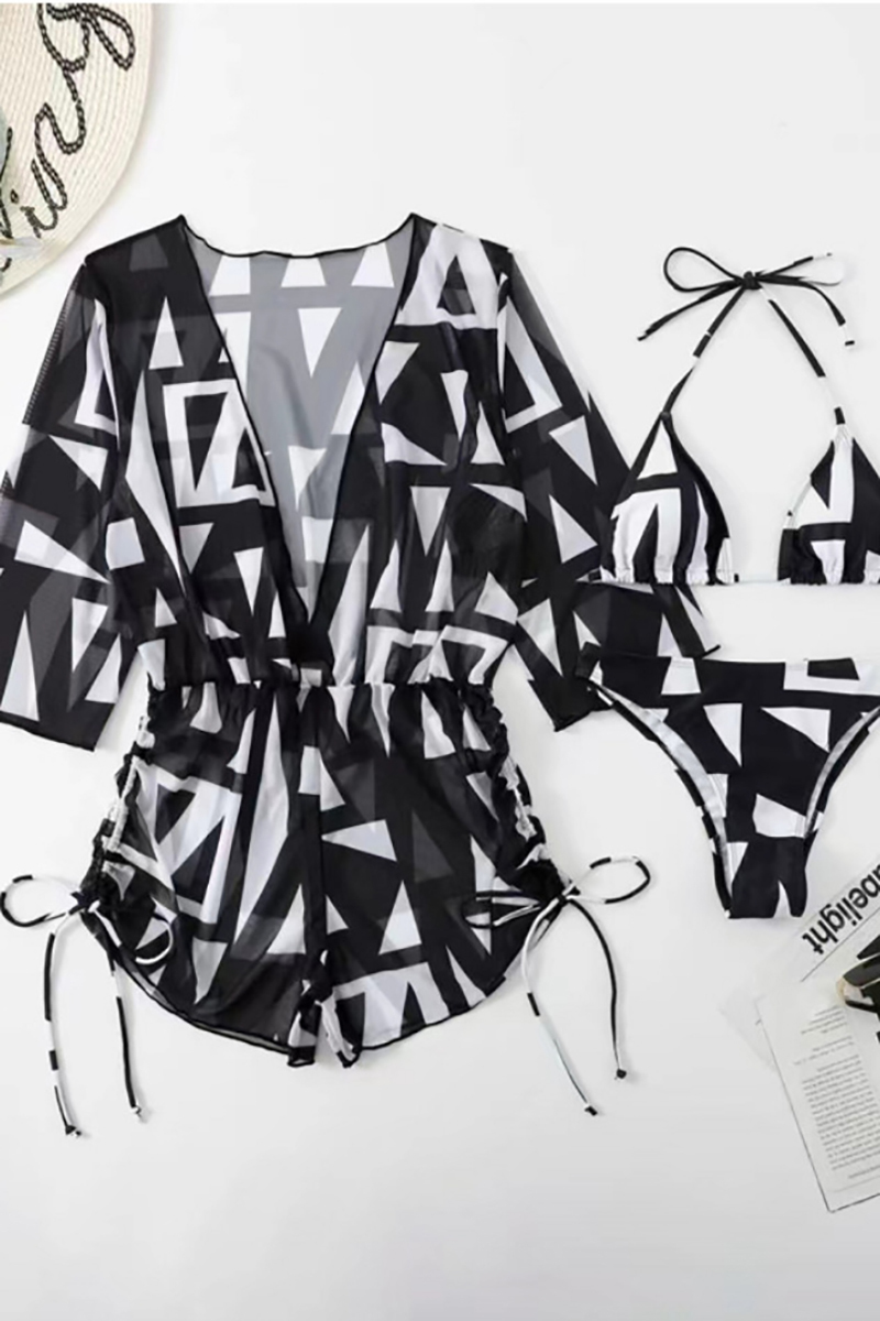 Tropical Print Romper Halter Bikini Three-Piece Swimsuit Matching Set-Hayhty.All Rights Reserved.