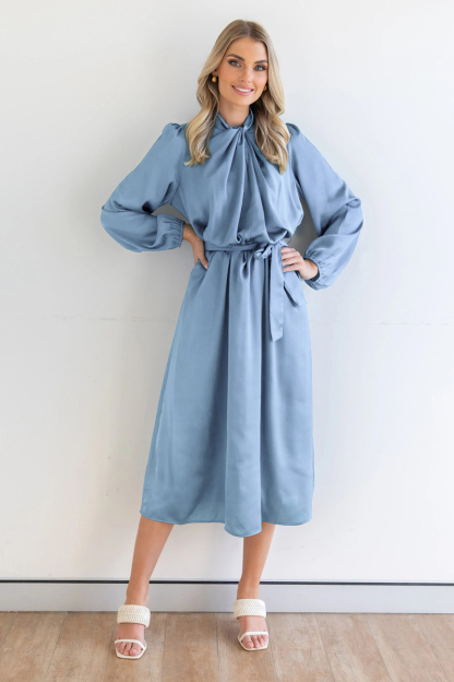 Ruched Knotted Long Sleeve Satin Midi Dresses-Hayhty.All Rights Reserved.