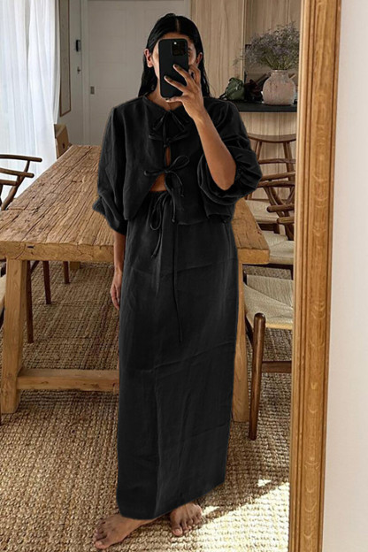 Puff Sleeve Front Tie Up Blouse Solid Color Maxi Skirt Matching Set-Brown-Hayhty.All Rights Reserved.