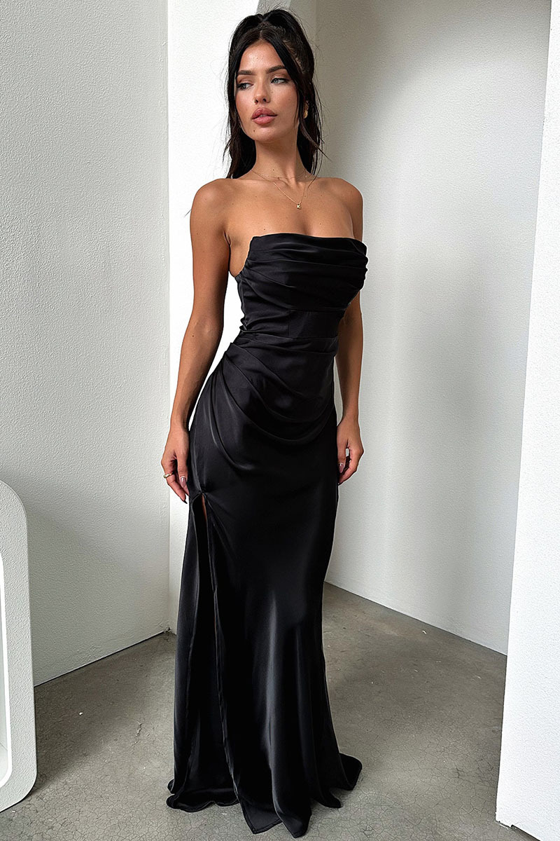 Ruched Strapless Boat Neck Bodycon High Slit Gowns Maxi Dresses-Hayhty.All Rights Reserved.