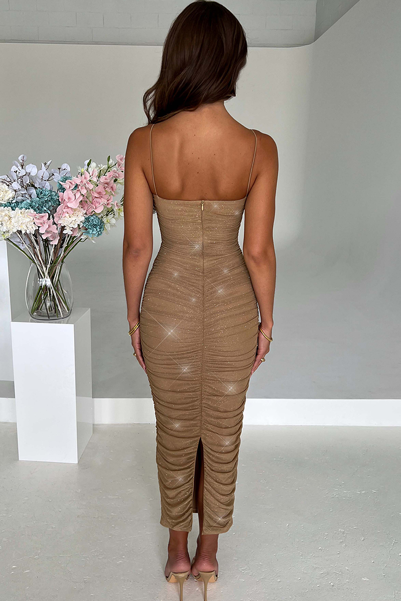 Ruched Bronzing Back Slit Formal Party Slip Maxi Dresses-Hayhty.All Rights Reserved.