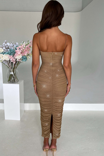 Ruched Bronzing Back Slit Formal Party Slip Maxi Dresses-Hayhty.All Rights Reserved.