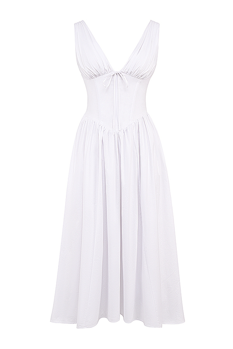 Deep V Neck Cinch Waist Solid Color Midi Tank Dresses-White-Hayhty.All Rights Reserved.