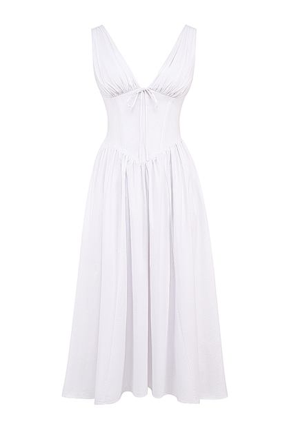 Deep V Neck Cinch Waist Solid Color Midi Tank Dresses-White-Hayhty.All Rights Reserved.