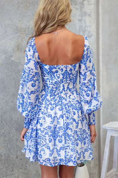 Floral Print Square Neck Lantern Sleeve A-Line Mini Dresses-Blue-Hayhty.All Rights Reserved.
