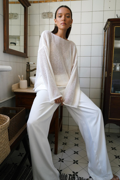See Through Knit Flare Sleeve Loose Fit Solid Color Top-White-Hayhty.All Rights Reserved.