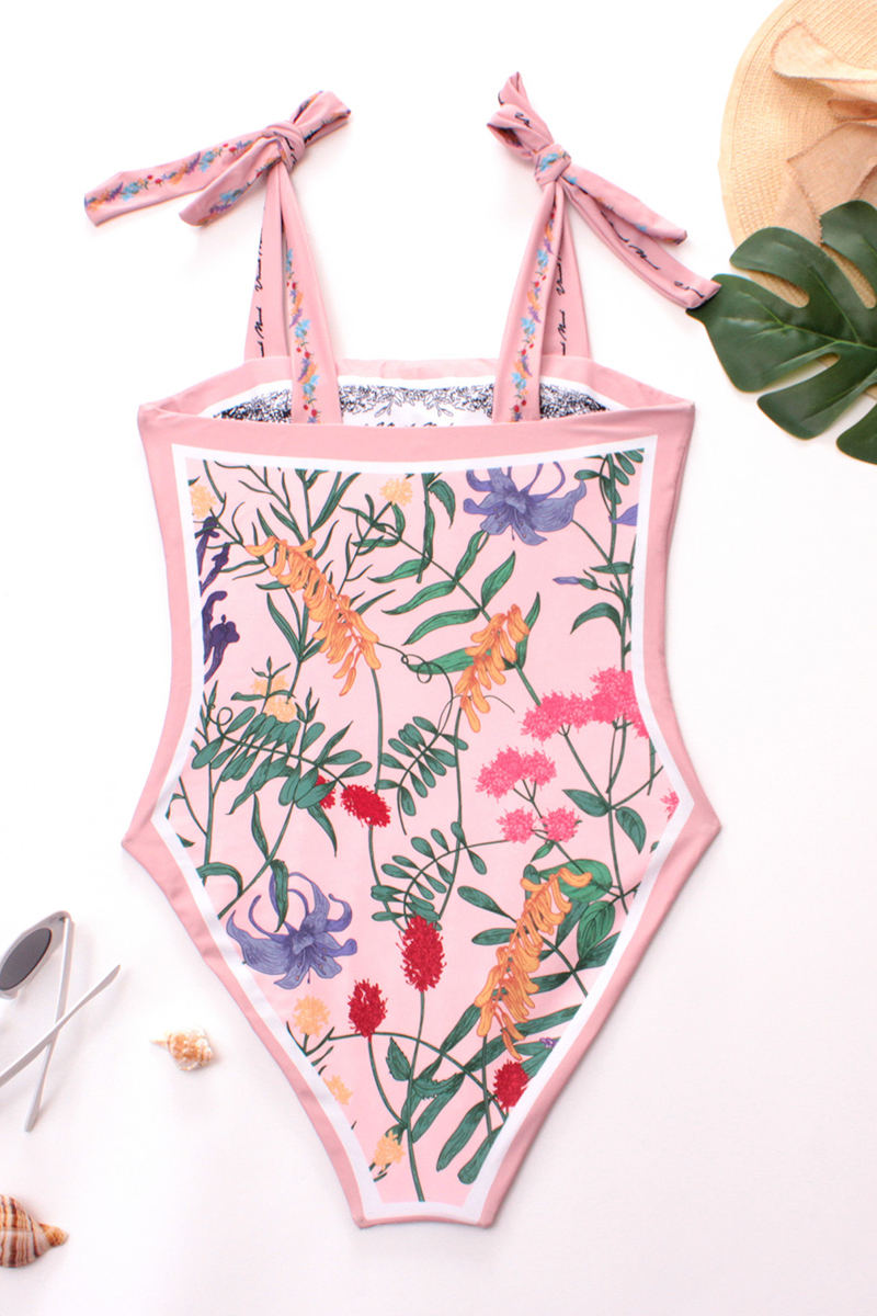 Square Neck Tide Up Straps Two-Side Floral Print One-Piece Bikini-Hayhty.All Rights Reserved.