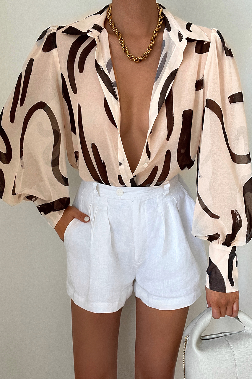 Print Sheer Puff Sleeves Blouse-Hayhty.All Rights Reserved.