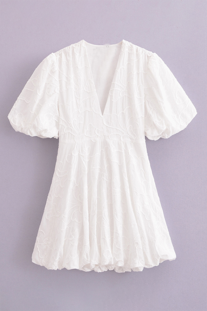 Deep V Neck Puff Sleeve Embroidery A-Line Bubbled Hem Mini Dresses-White-Hayhty.All Rights Reserved.