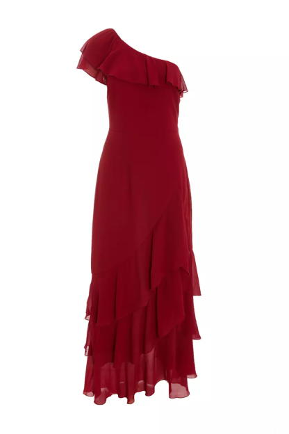Sleeveless One Shoulder Ruffled Chiffon Maxi Dresses-Red-Hayhty.All Rights Reserved.