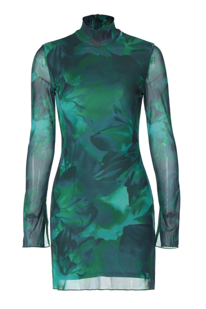 Floral Print High Neck Long Sleeve Mesh Mini Dresses-Green-Hayhty.All Rights Reserved.