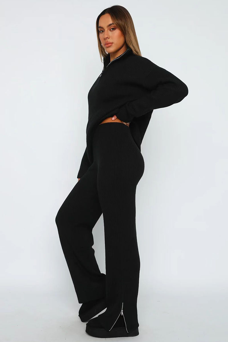 Turndown Collar Long Sleeve Sweater Plain Pants Matching Set-Beige-Hayhty.All Rights Reserved.
