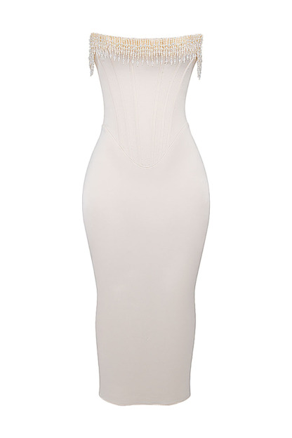 Beads Pearls Fringed Trim Strapless Corset Bodycon Midi Dresses-White-Hayhty.All Rights Reserved.