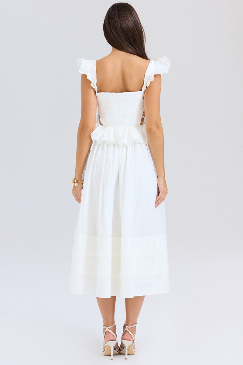 Side Cutout Embroidery Ruffled Corset Midi Skirt 2pcs Set-White-Hayhty.All Rights Reserved.