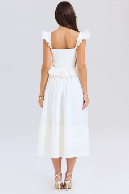 Side Cutout Embroidery Ruffled Corset Midi Skirt 2pcs Set-White-Hayhty.All Rights Reserved.