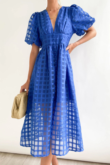 V Neck Lantern Short Sleeve Button Slit Mesh Plaid Vacation Midi Dress-Hayhty.All Rights Reserved.
