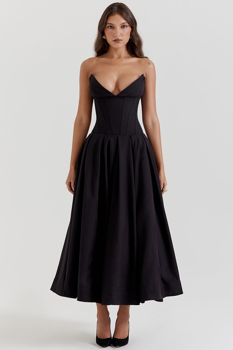 Deep V Neck Strapless Corset A-Line Pleated Midi Dresses-Black-Hayhty.All Rights Reserved.