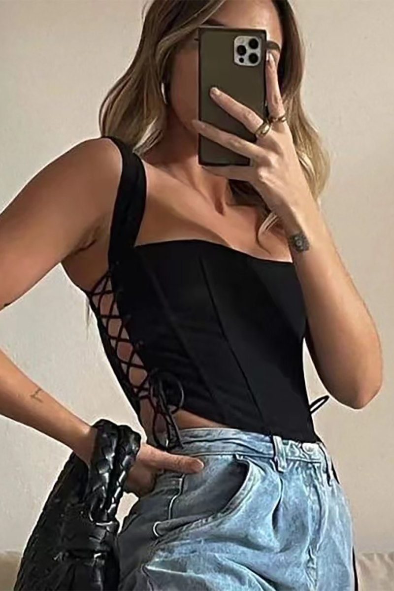 Wide Straps Boat Neck Cutout Lace Up Crop Corset-Beige-Hayhty.All Rights Reserved.