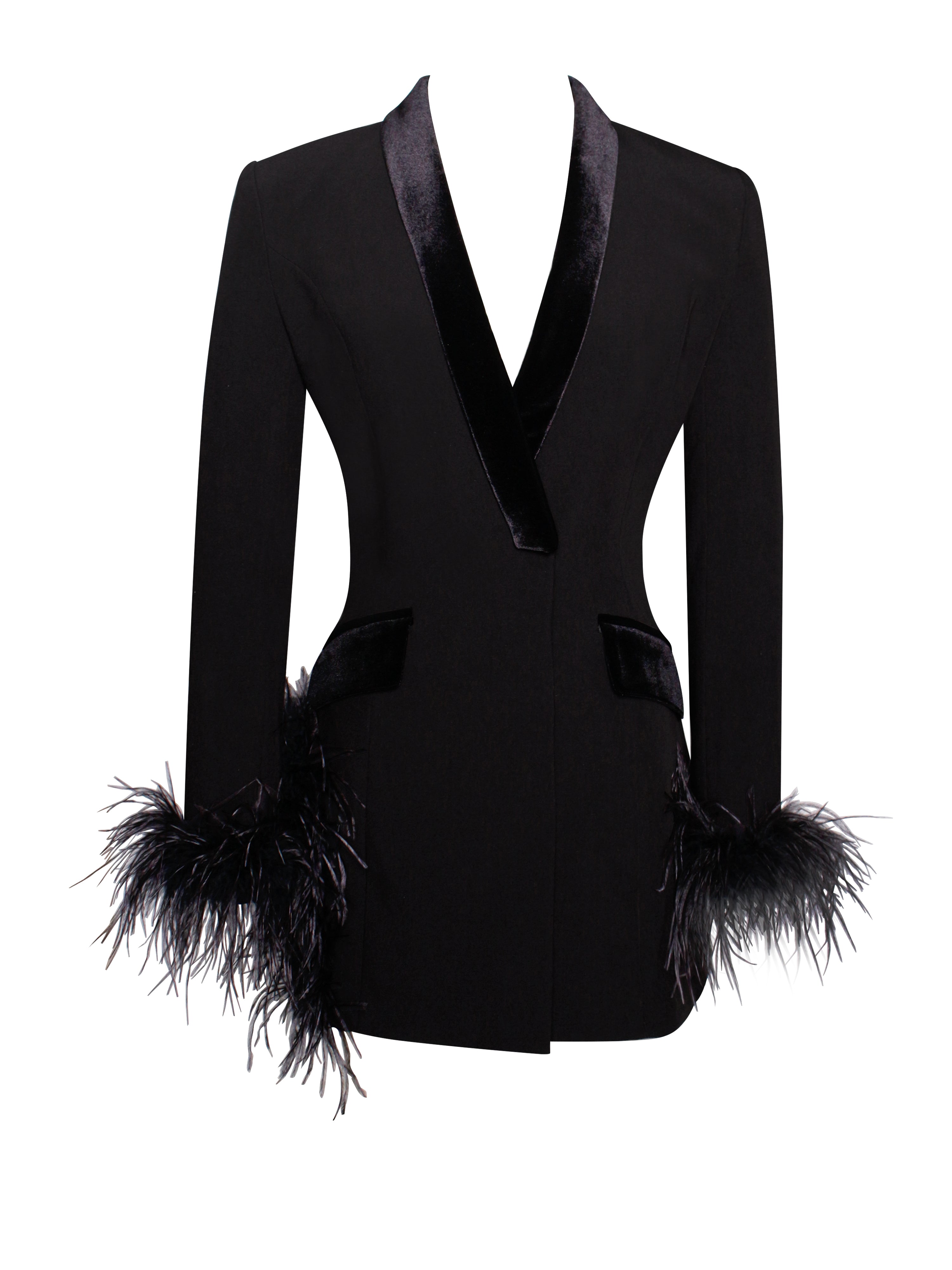 V Neck Feather Trim Blazer Party Mini Dresses-Hayhty.All Rights Reserved.