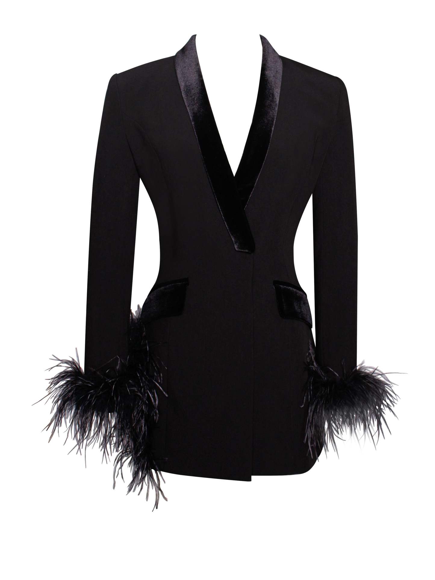 V Neck Feather Trim Blazer Party Mini Dresses-Hayhty.All Rights Reserved.