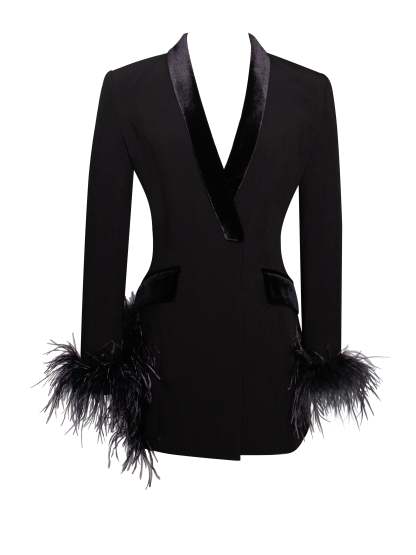 V Neck Feather Trim Blazer Party Mini Dresses-Hayhty.All Rights Reserved.