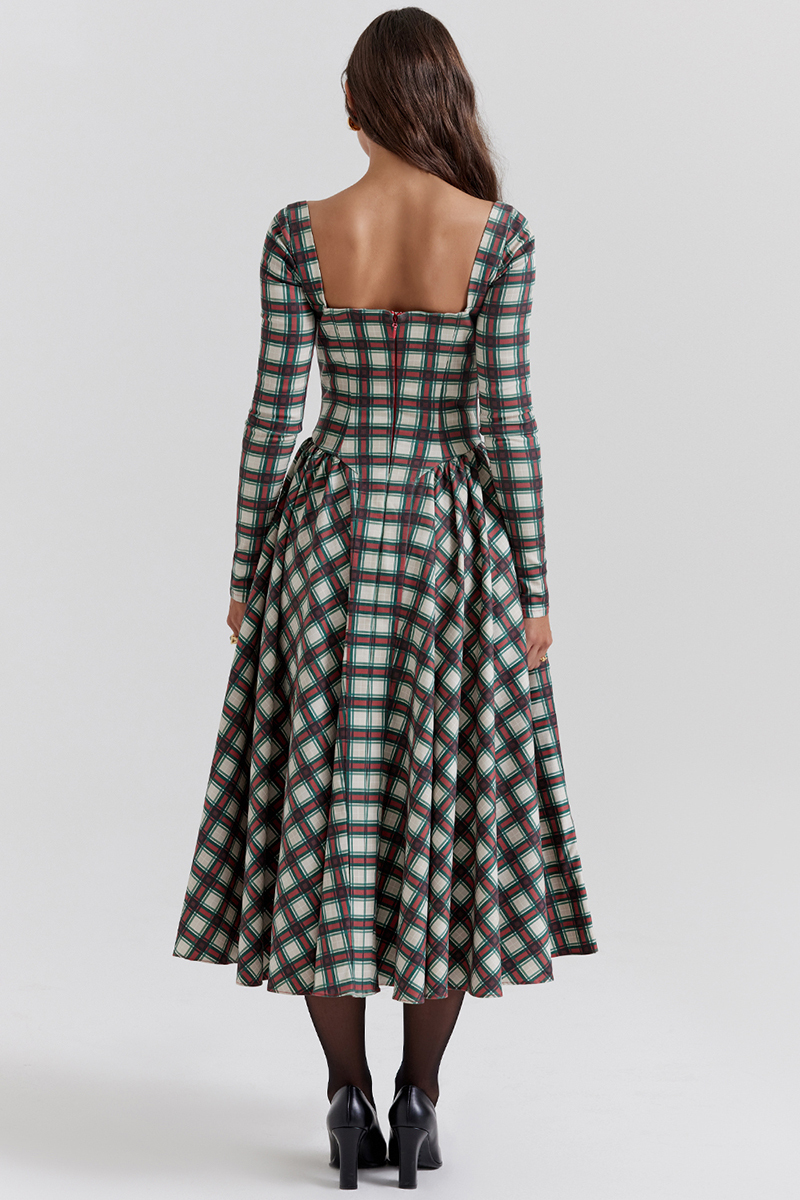Plaid Pattern Long Sleeve Corset A-Line Pleated Midi Dresses-Red-Hayhty.All Rights Reserved.