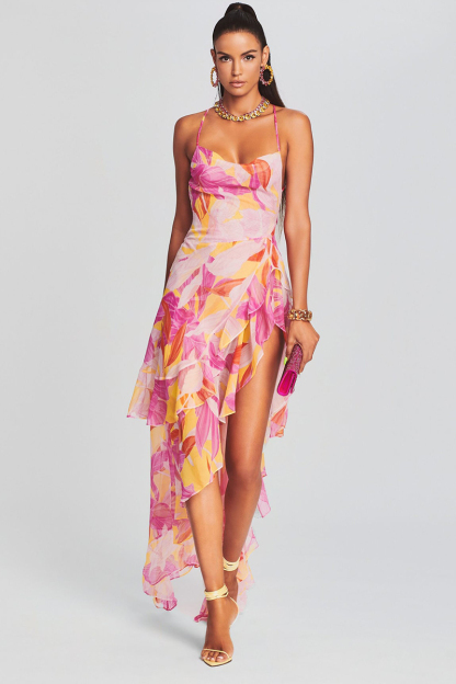 Vacation Cami Boat Neck Floral Print Irregular Ruffle Hem High Slit Tulle Maxi Dresses-Hayhty.All Rights Reserved.
