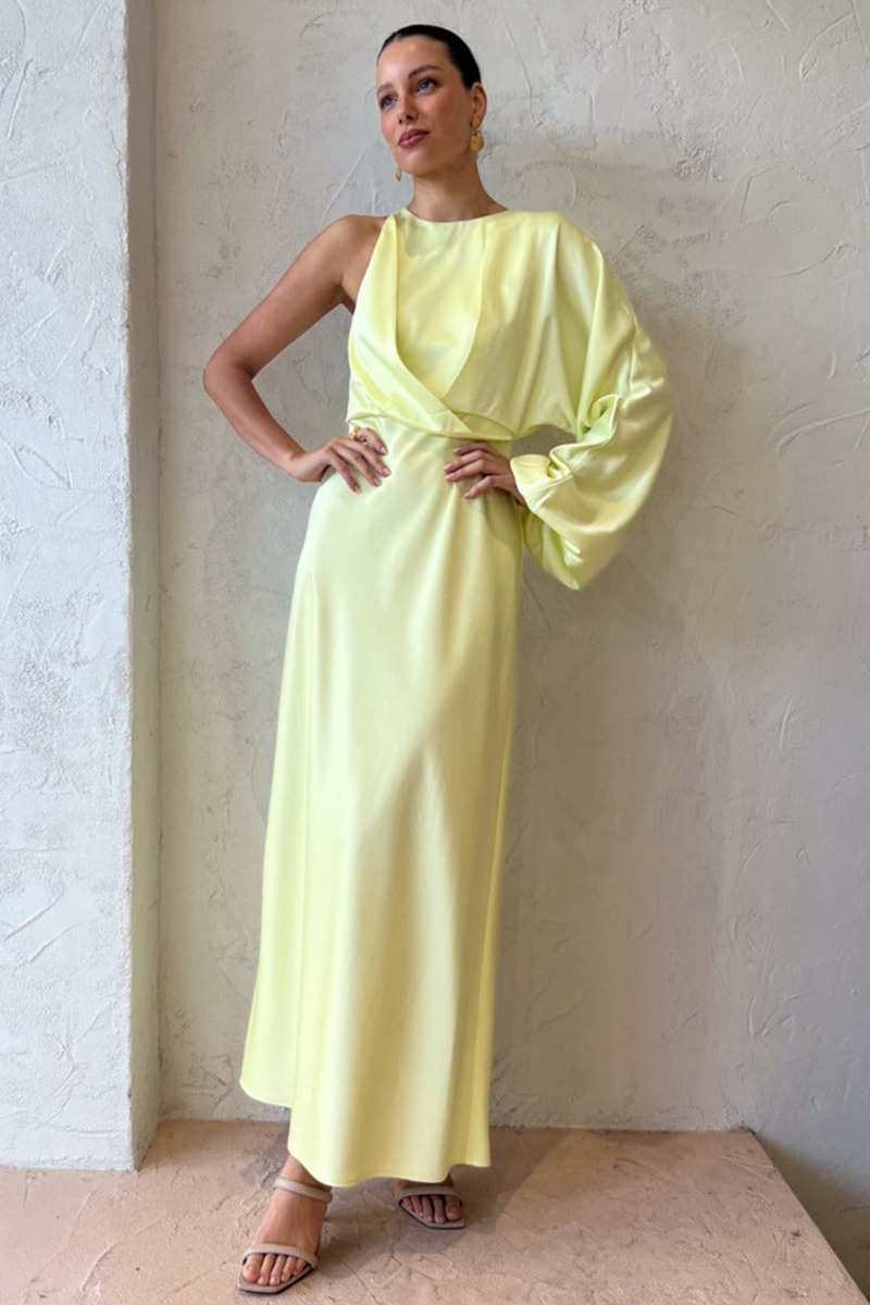 Satin One Shoulder Long Sleeve Slim Elegant Formal Party Midi Dresses-Hayhty.All Rights Reserved.