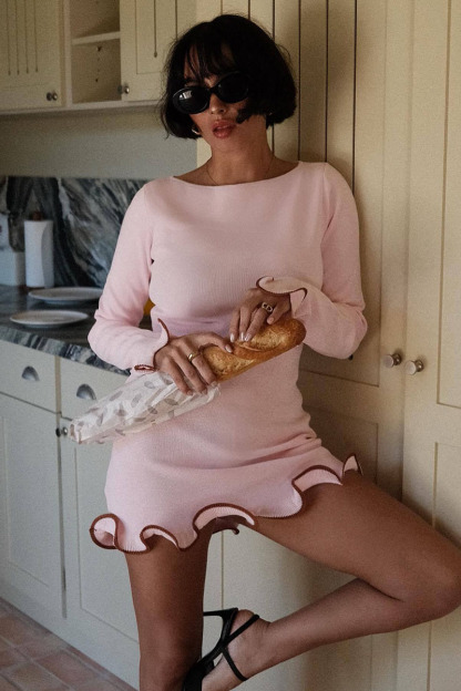 Colorblock Lettuce Trim Long Sleeve Slim-Fit Knit Mini Dresses-White-Hayhty.All Rights Reserved.