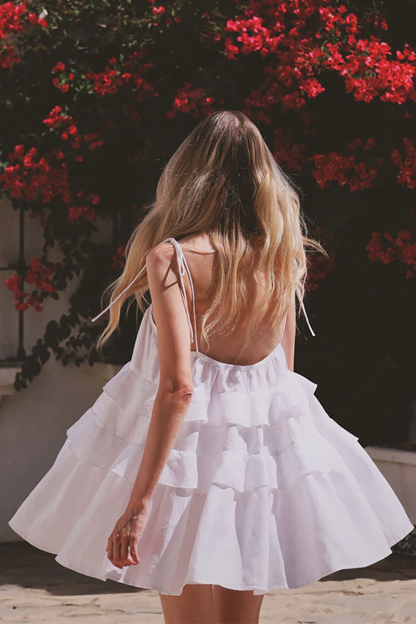 Tie Up Shoulder Strapless Backless Layered Ruffled A-Line Mini Dresses-White-Hayhty.All Rights Reserved.