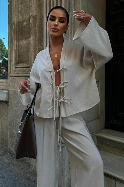 Front Tie Up Long Sleeve Top Solid Color Wide Leg Pants Matching Set-Yellow-Hayhty.All Rights Reserved.