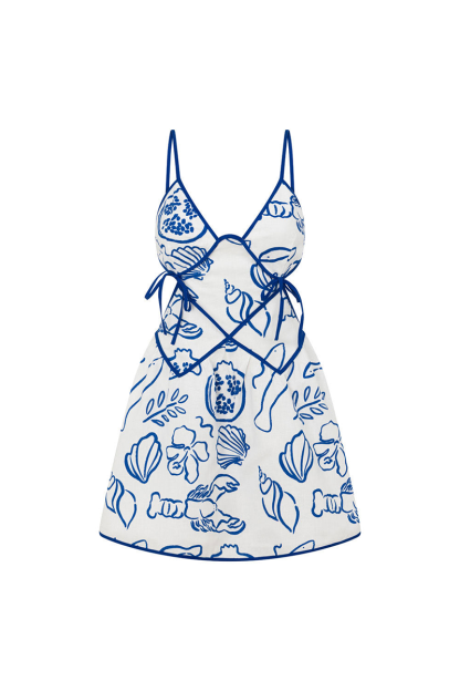 Doodle Print Deep V Neck Backless Tie Up Cutout Slip Mini Dresses-Blue-Hayhty.All Rights Reserved.