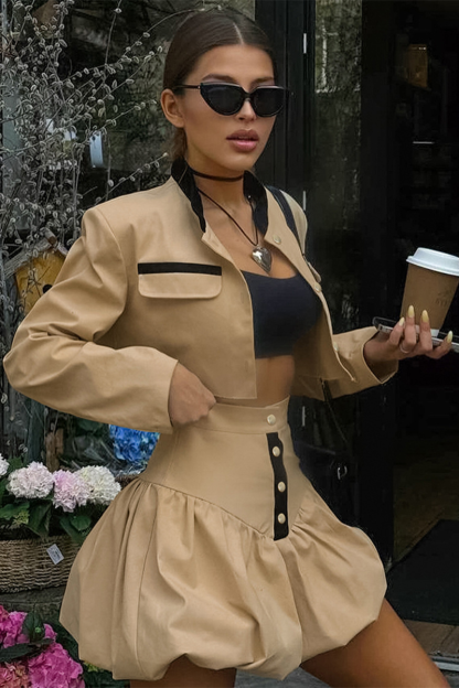 Mock Neck Crop Jacket Cinch Waist Bubbled Hem Mini Skirt Matching Set-Khaki-Hayhty.All Rights Reserved.