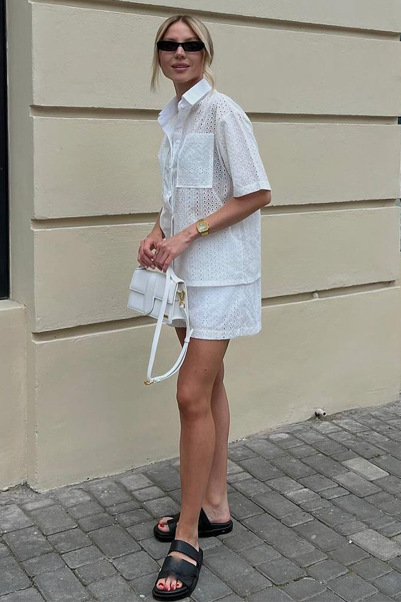 Hollow Out Lace Half Sleeve Pocket Blouse Casual Shorts Matching Set-White-Hayhty.All Rights Reserved.