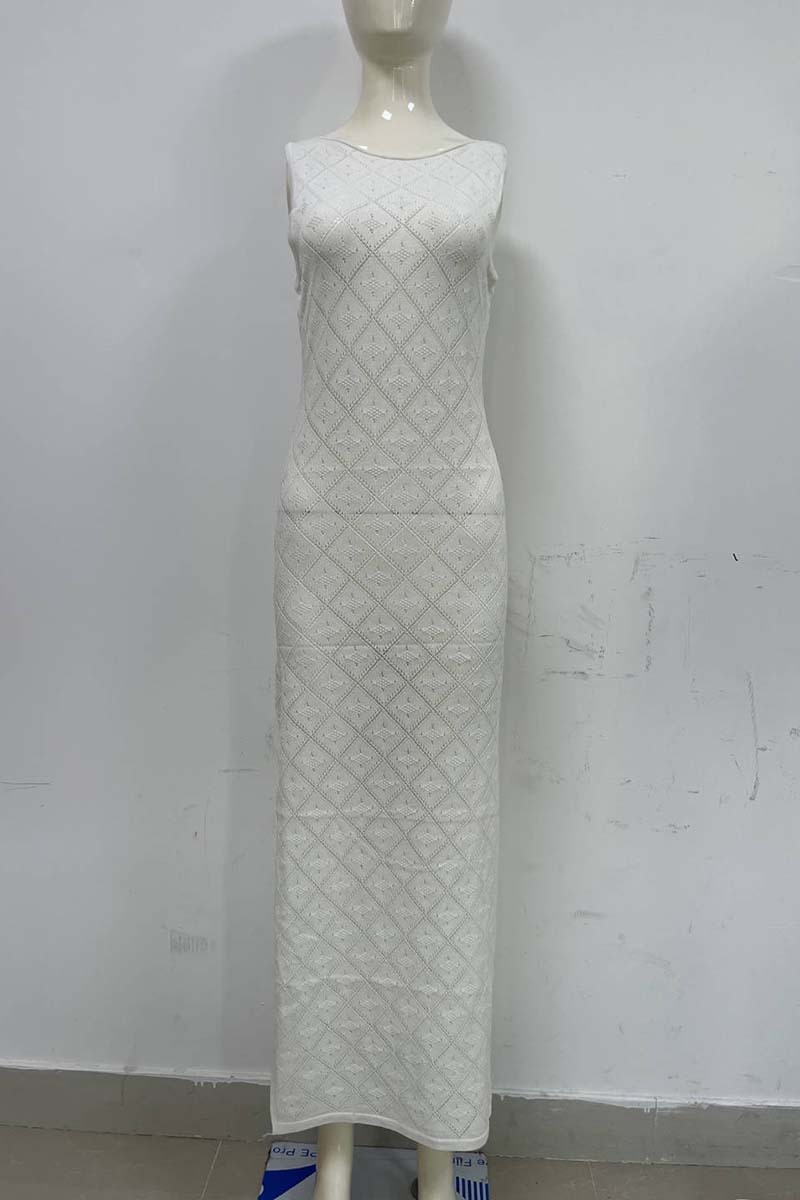 Hollow Out Boat Neck Sleeveless Knitted Bodycon High Slit Cover Up White Maxi Dresses-Hayhty.All Rights Reserved.