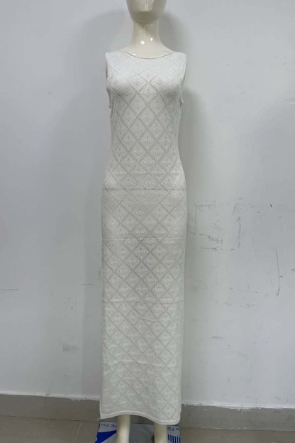 Hollow Out Boat Neck Sleeveless Knitted Bodycon High Slit Cover Up White Maxi Dresses-Hayhty.All Rights Reserved.