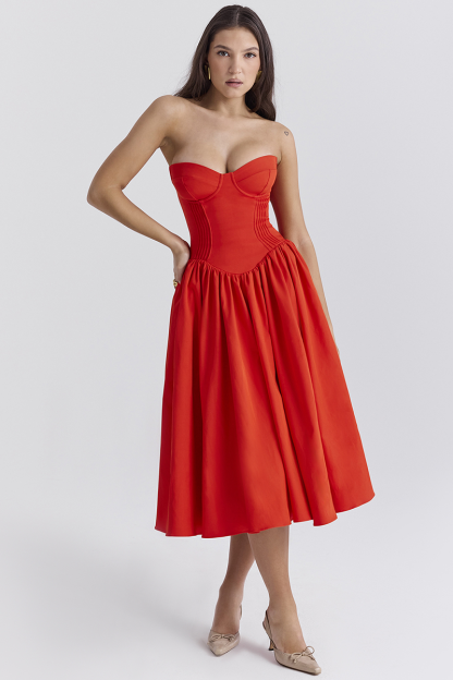 Strapless Corset Pleated Hem Prom Party Midi Dresses-Red-Hayhty.All Rights Reserved.
